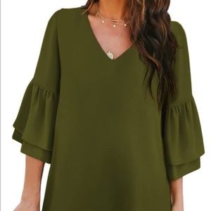 BELONGSCI Olive V-neck Bell Sleeve Shift Mini Dress!